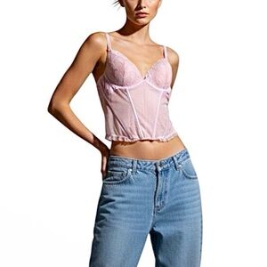 La Senza candy heart pink lace mesh sheer push up bustier corset top L